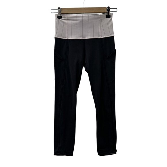 Lululemon Wunder Under Crop Luon Stripe Zip Waist Side Pockets Leggings Women 4 - Picture 1 of 12